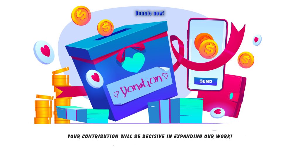 Charity and nonprofit organization cartoon banner. Donation box, smartphone, coins and money bills with purse and ribbon. Donate, volunteering help and foundation aid, philanthropy vector concept