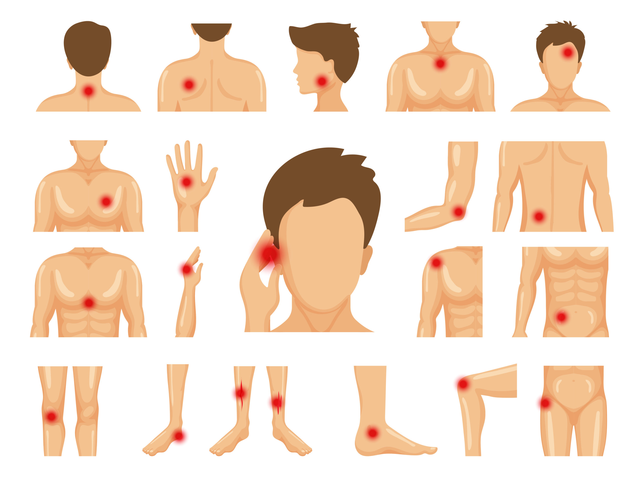 Body pain. Physical injury human trauma symbols on legs shoulders hands pain dots vector set. Pain leg, elbow or shoulder and knee illustration